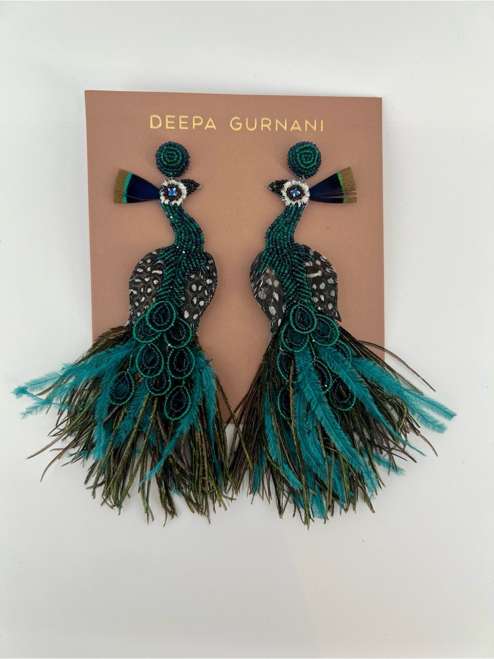 New on card Deepa Gurnani Peacock drop earrings